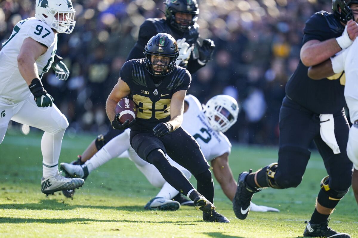 Purdue wide receiver Jackson Anthrop (33) runs against Michigan State during the first half of an NCAA college football game in West Lafayette, Ind., Saturday, Nov. 6, 2021. (AP Photo/Michael Conroy)