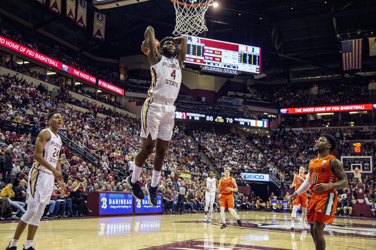 Florida State forward Patrick Williams dunks against Miami in February.