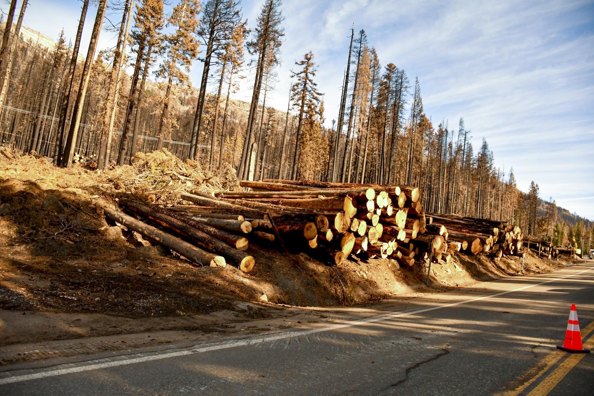 Along Highway 50 south of Lake Tahoe, repair work and blackened trees are a common sight.