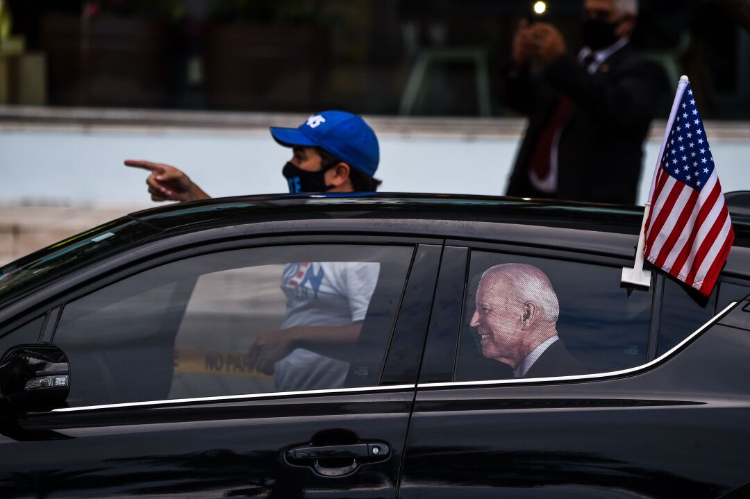 A supporters of Democratic presidential nominee and former Vice President Joe Biden displays