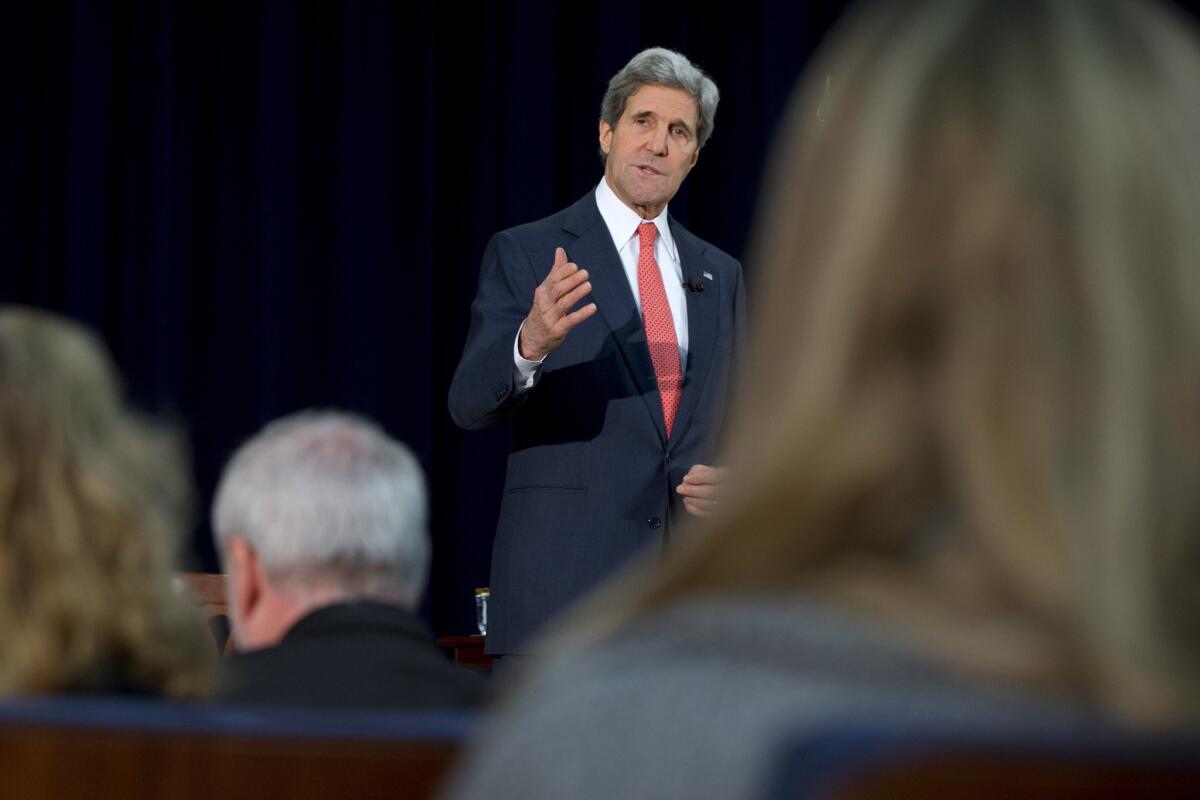 Secretary of State John F. Kerry speaks about foreign policy, including on the situation in Ukraine, Tuesday, March 18, 2014, during a town hall meeting with university students at the State Department.