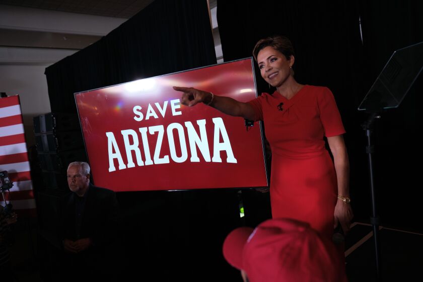 Scottsdale, Arizona - January 29: Former Republican nominee for Arizona governor Kari Lake acknowledges support during a rally Sunday, January 29, 2023, at the Orange Tree Golf Club in Scottsdale, Arizona. (Photo by David Blakeman for The Washington Post via Getty Images)