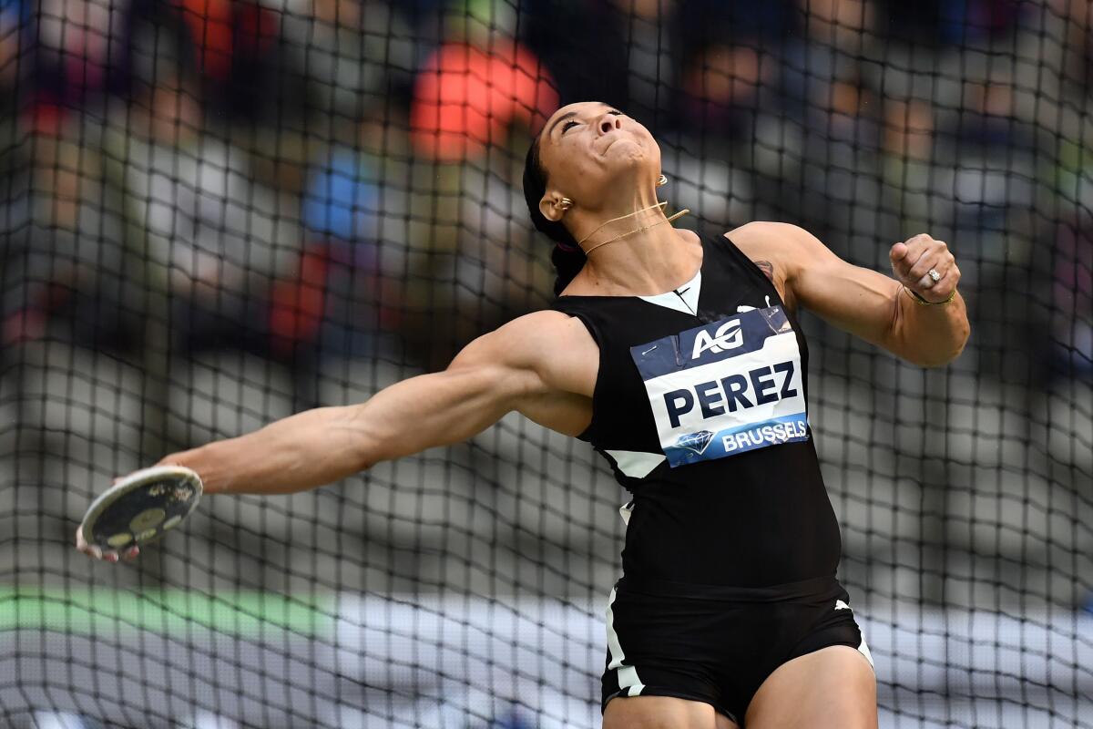 Cuba's Yaime Perez competes in the women's discus throw during Diamond League competition on Sept. 6 in Brussels.