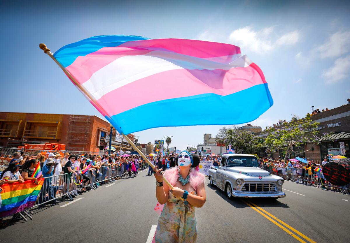 Sister Yesate of the Sisters of Perpetual Indulgence waves a transgender flag.