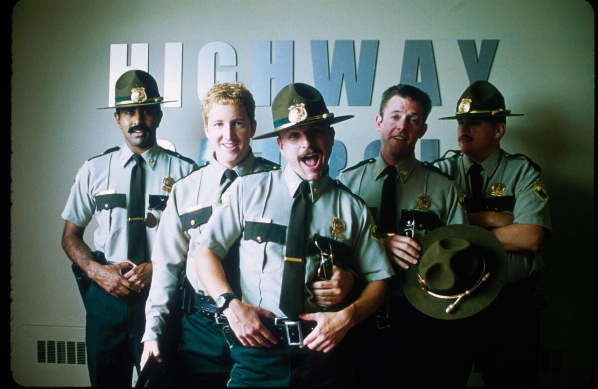 Actors Jay Chandrasekhar, left, Paul Soter, Steve Lemme, Erik Stolhanske and Kevin Heffernan appear in a film still from the movie "Super Troopers."