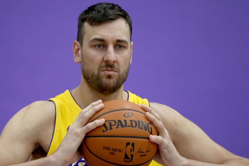 EL SEGUNDO, CALIF. - SEP. 25, 2017. Lakers center Andrew Bogut poses for pictures during Lakers media day activities at the team's new training facility in El Segundo on Monday, Sept. 25, 2017. (Luis Sinco/Los Angeles Times)