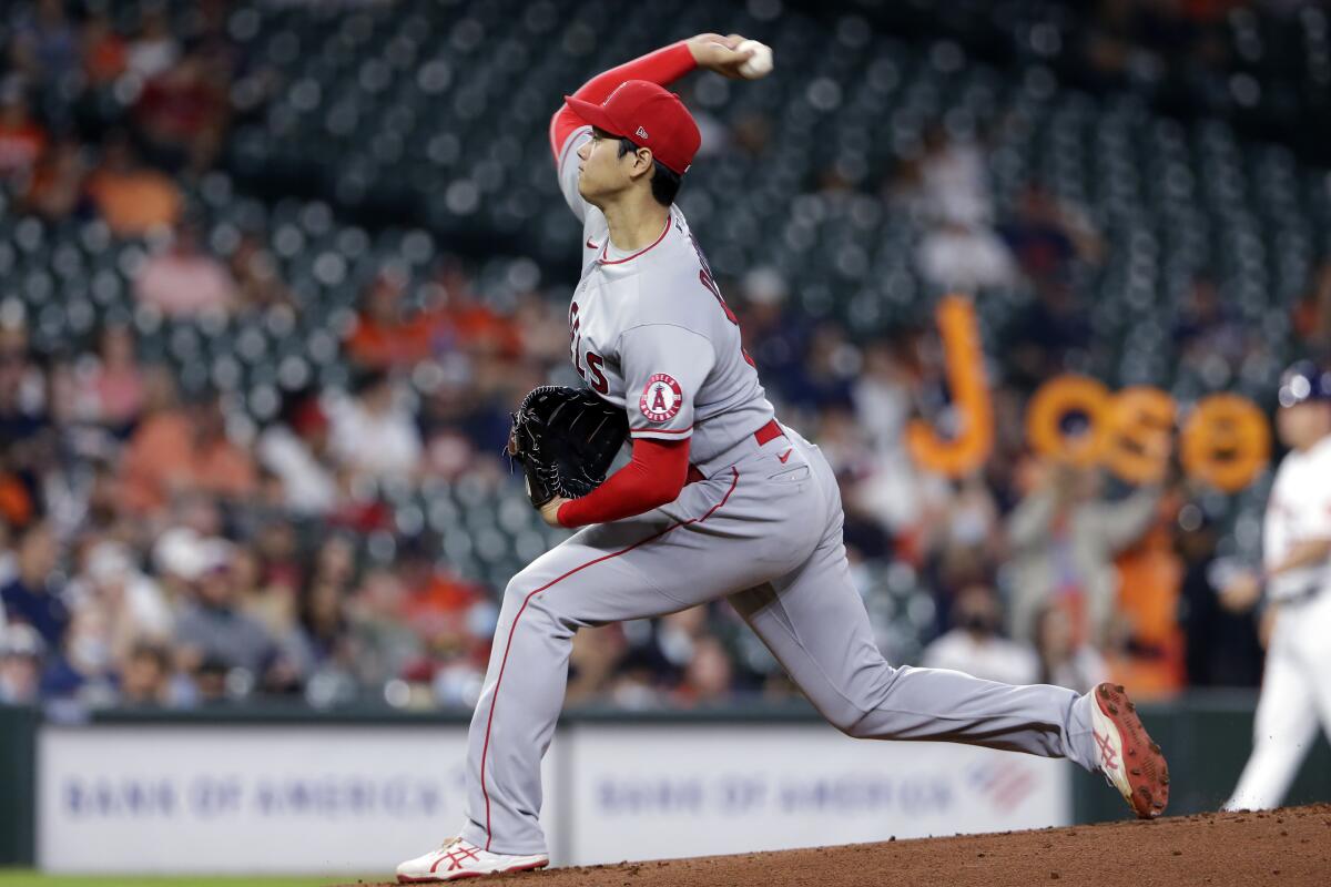 Angels starting pitcher Shohei Ohtani throws against the Houston Astros on Tuesday.