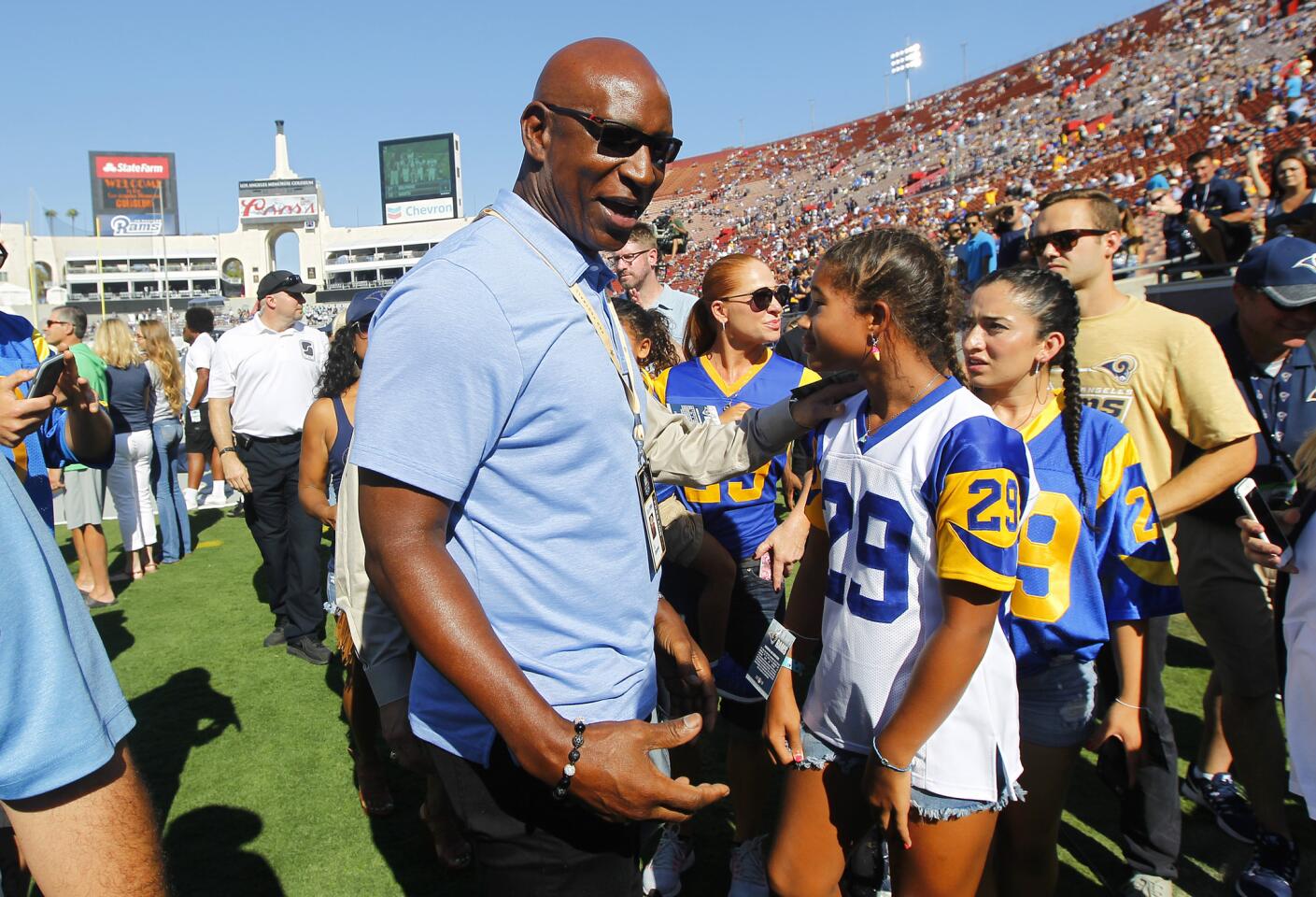 Rams Hall of Fame running back Eric Dickerson attends the preseasongame against the Dallas Cowboys at the Coliseum.