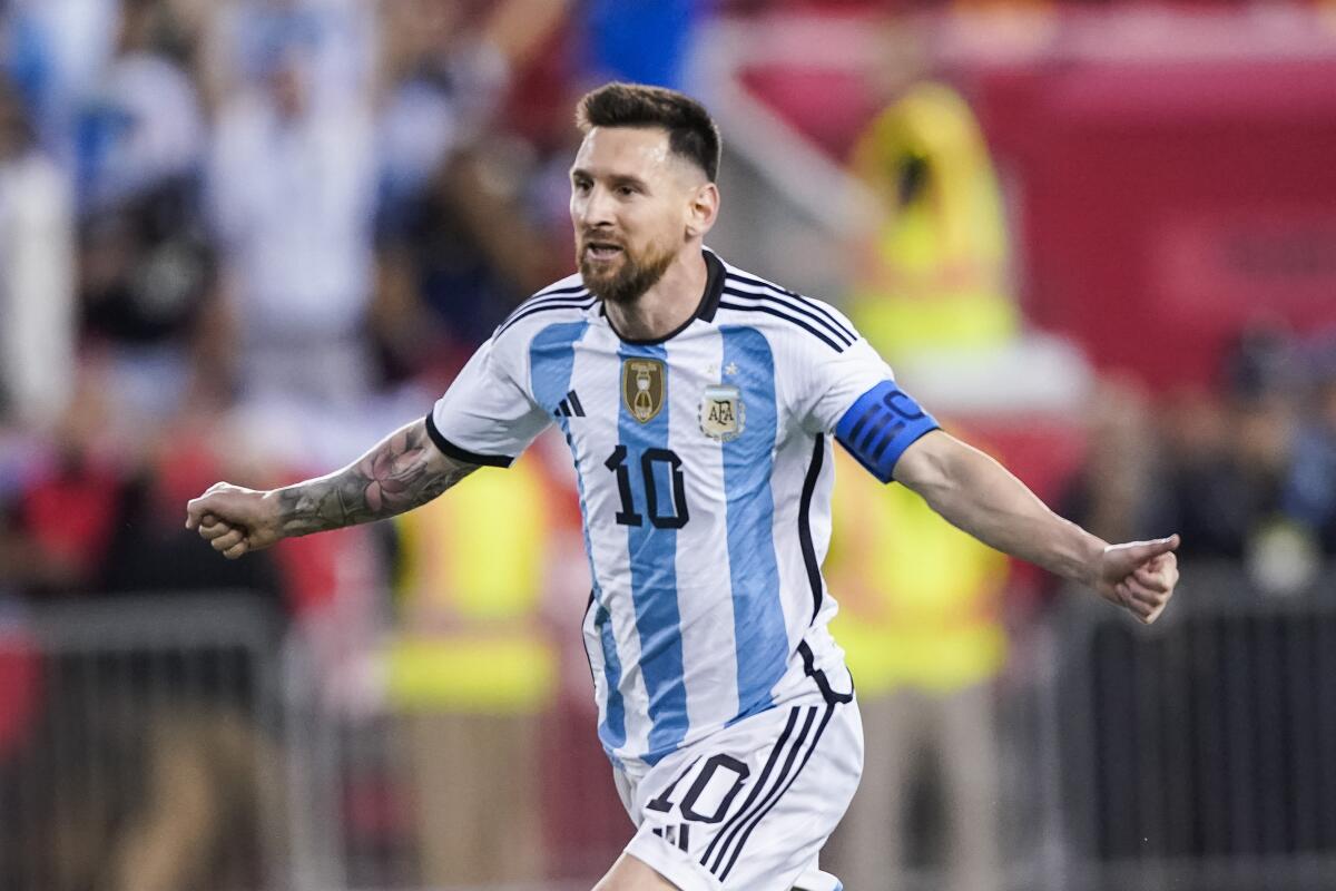 Lionel Messi celebrates after scoring a goal for Argentina in a friendly match against Jamaica, Tuesday, September 27, 2022, in Harrison, New Jersey.