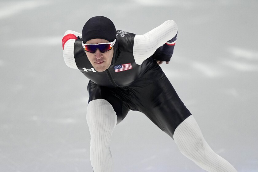 Casey Dawson of the United States competes in the men's speedskating 1,500-meter race at the 2022 Winter Olympics, Tuesday, Feb. 8, 2022, in Beijing. (AP Photo/Ashley Landis)