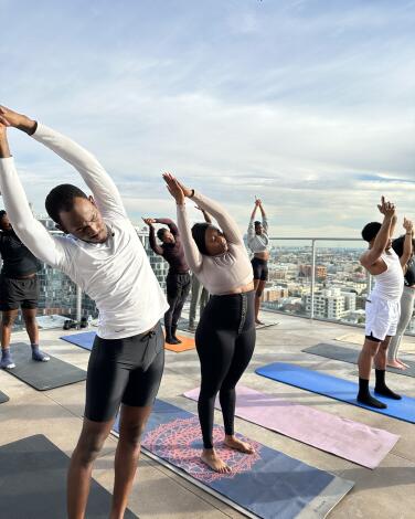 A rooftop yoga class in Koreatown.