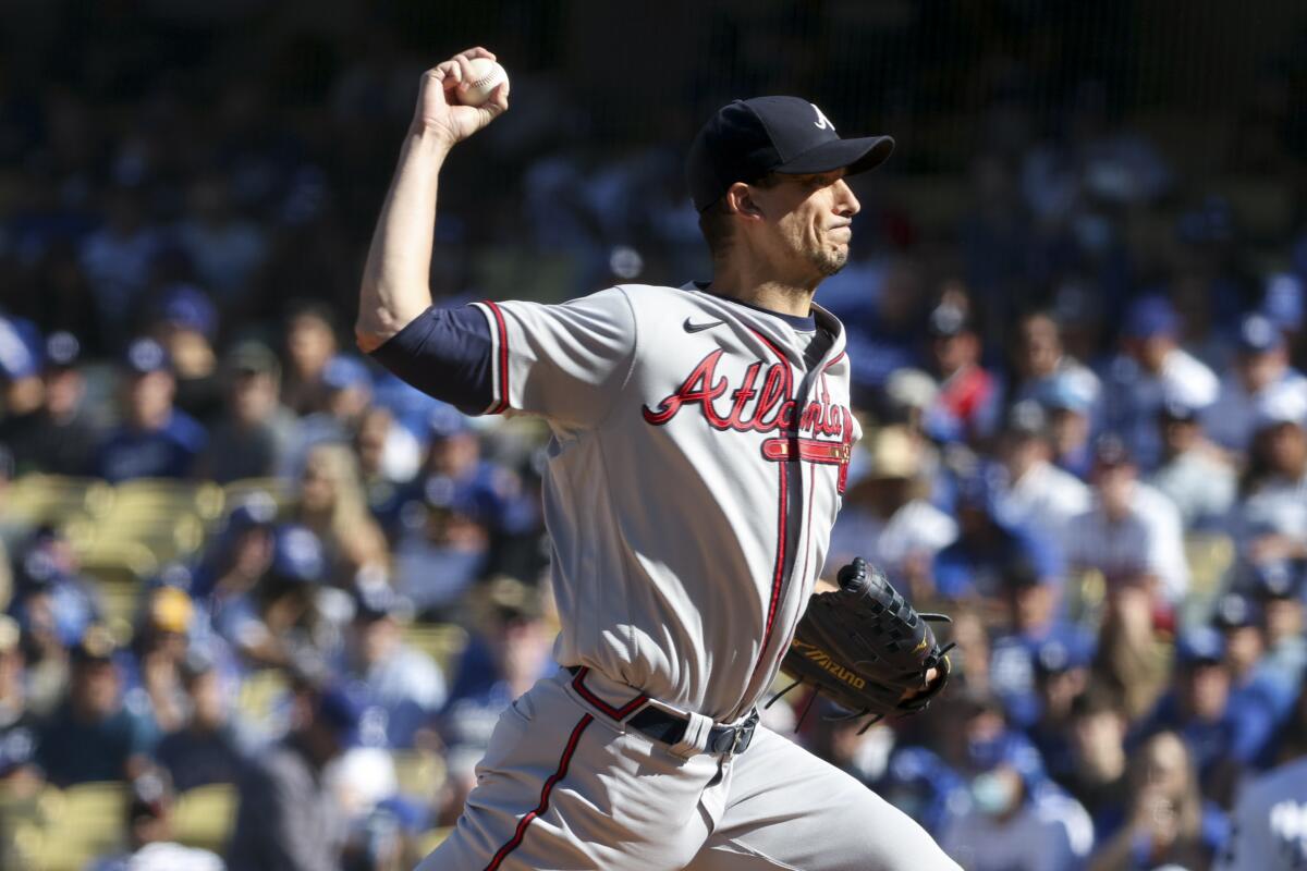 Atlanta Braves starting pitcher Charlie Morton delivers a pitch during the first inning.