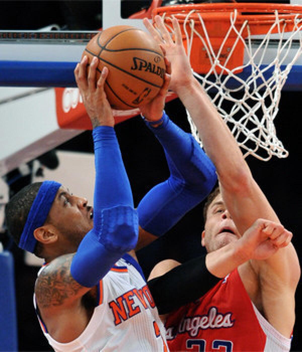 Blake Griffin, right, defends against New York's Carmelo Anthony during the Clippers' 102-88 victory over the Knicks in February.