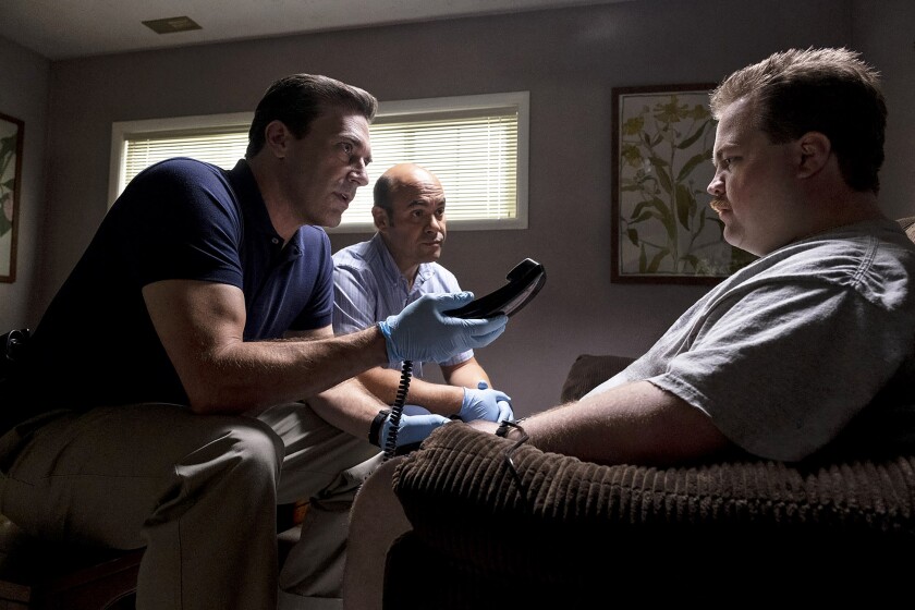 Jon Hamm, Ian Gomez and Paul Walter Hauser in "Richard Jewell"