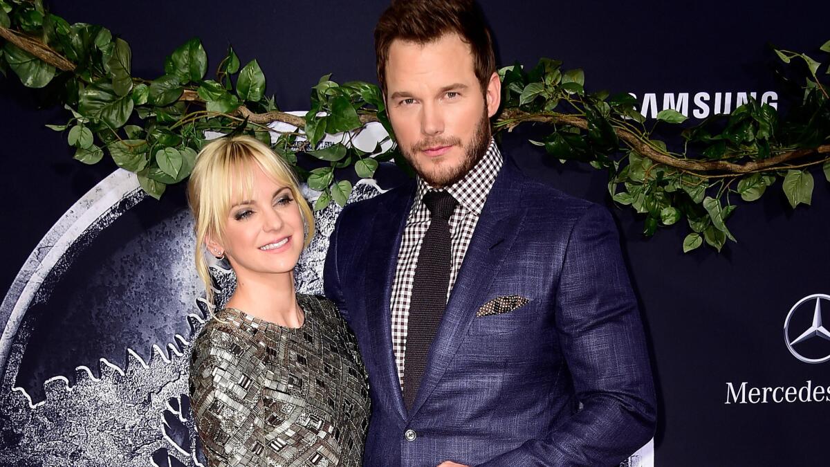Anna Faris and Chris Pratt attend the premiere of Universal Pictures' "Jurassic World" at Dolby Theatre on June 9, 2015 in Hollywood.