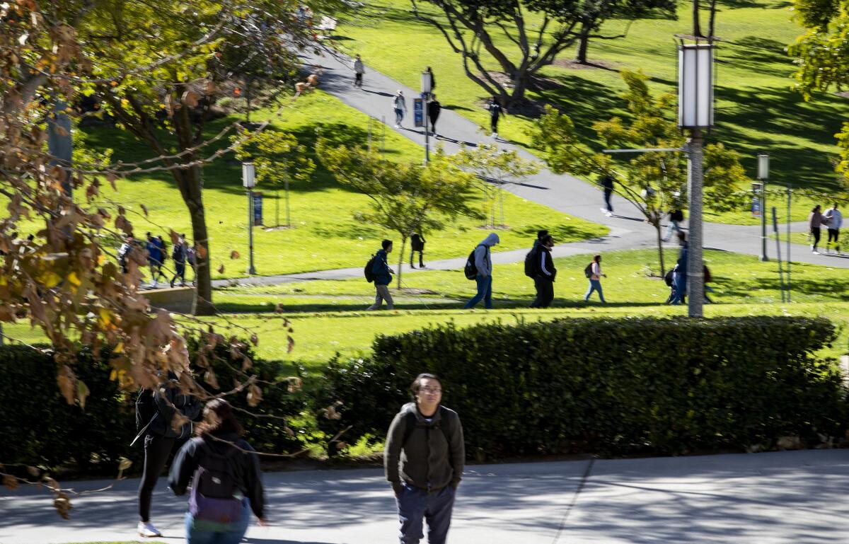 Students walk to-and-from classes at UC Irvine. A large green lawn flanks pathways with students.