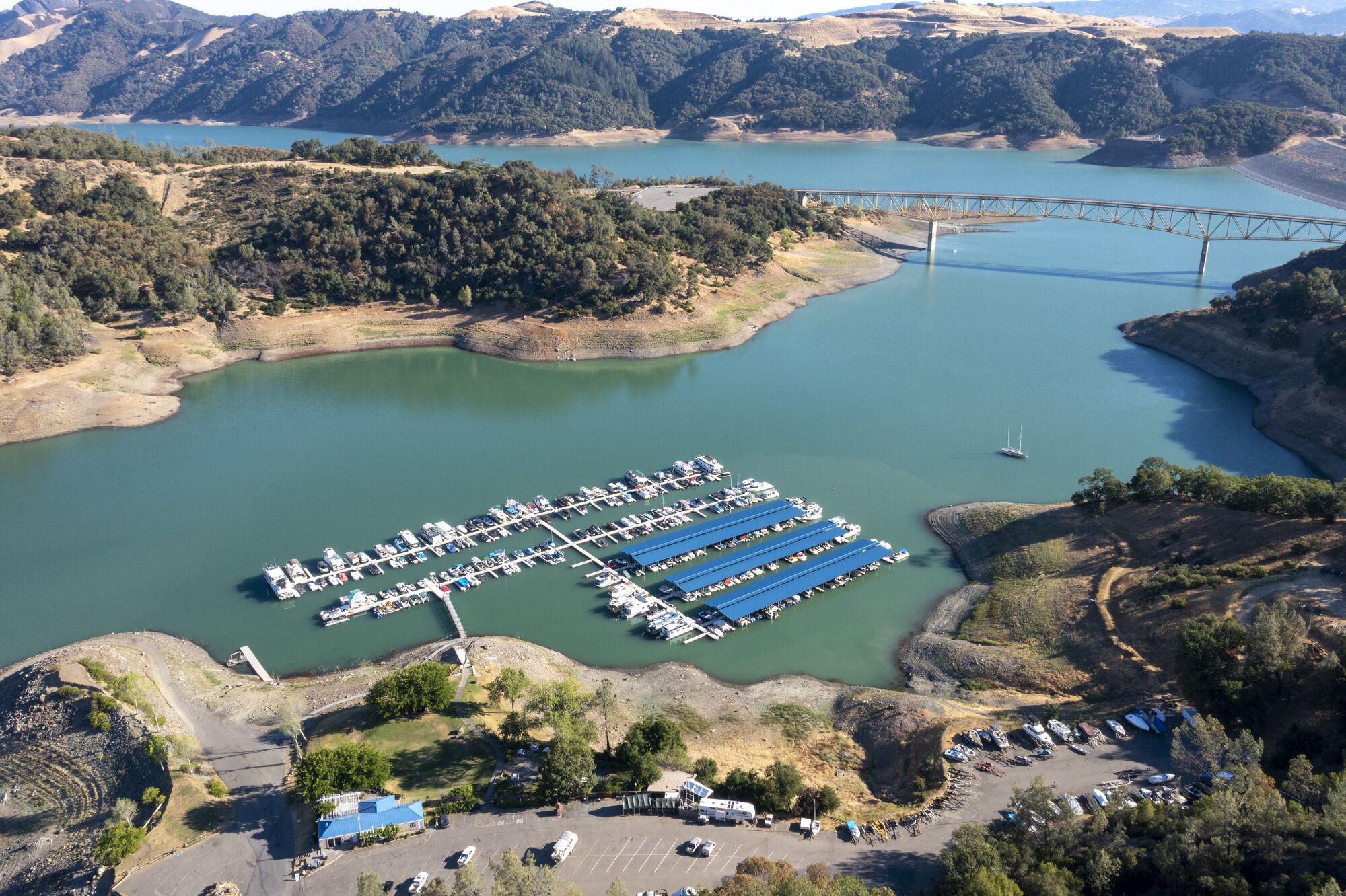 The water level has been steadily receding at Lake Sonoma in Geyserville, Calif.