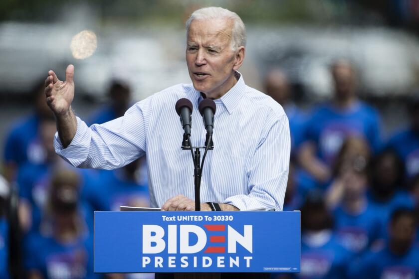 FILE - In this Saturday, May 18, 2019 file photo, Democratic presidential candidate, former Vice President Joe Biden, speaks during a campaign rally at Eakins Oval in Philadelphia. Biden is the only Democrat among presidential front-runners who will not appear at the California Democratic Convention Saturday, June 1, 2019. (AP Photo/Matt Rourke, File)