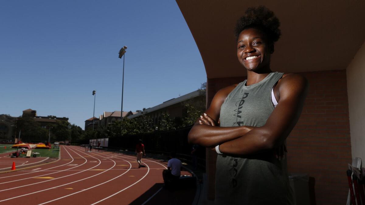 Kendall Ellis trains at Katherine B. Loker track stadium on the USC campus. Ellis will be competing at the Mt. SAC Relays on Saturday.