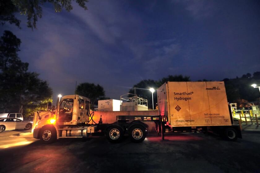 Los Angeles, California-June 28, 2021-At truck arrives to replenish the hydrogen supply at the South Coast Air Quality Management District - Diamond Bar hydrogen fuel station, where customers waited over two hours on June 28, 2021. (Carolyn Cole / Los Angeles Times)