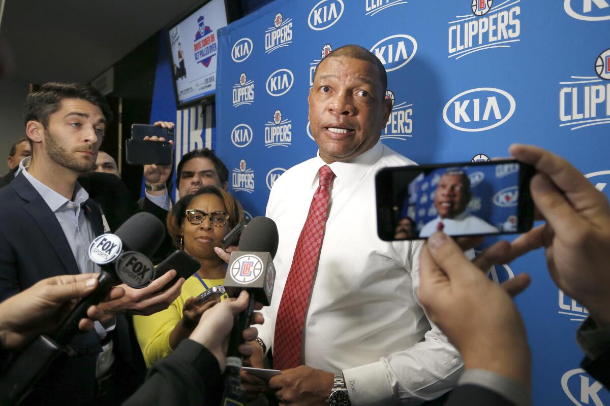 Clippers head coach Doc Rivers talks with the media after a game against the Orlando Magic on Jan. 26.