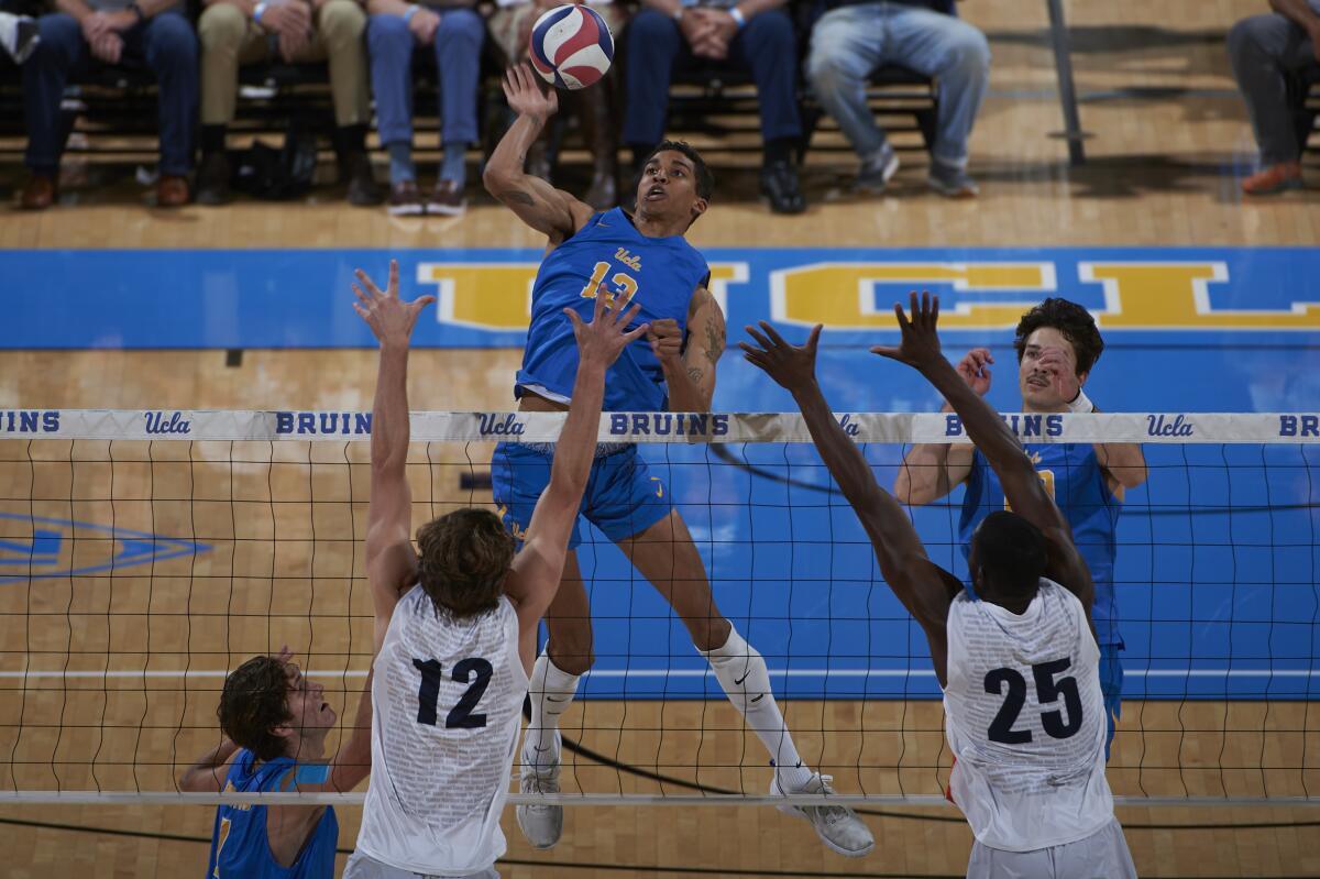 UCLA's Merrick McHenry spikes the ball in a match against Pepperdine.