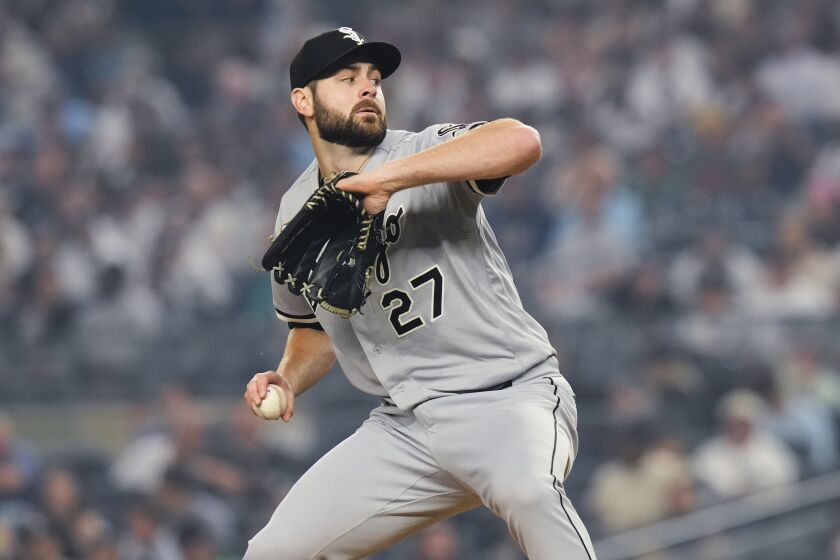 Chicago White Sox's Lucas Giolito pitches during the first inning of the team's baseball game against the New York Yankees on Tuesday, June 6, 2023, in New York. (AP Photo/Frank Franklin II)