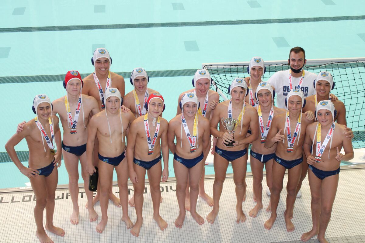Del Mar Water Polo Club 14-&-under boys with their gold medals 
