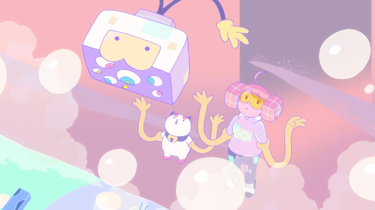 A cartoon Sugar Cube, pet and woman in a pink bubblegum land.