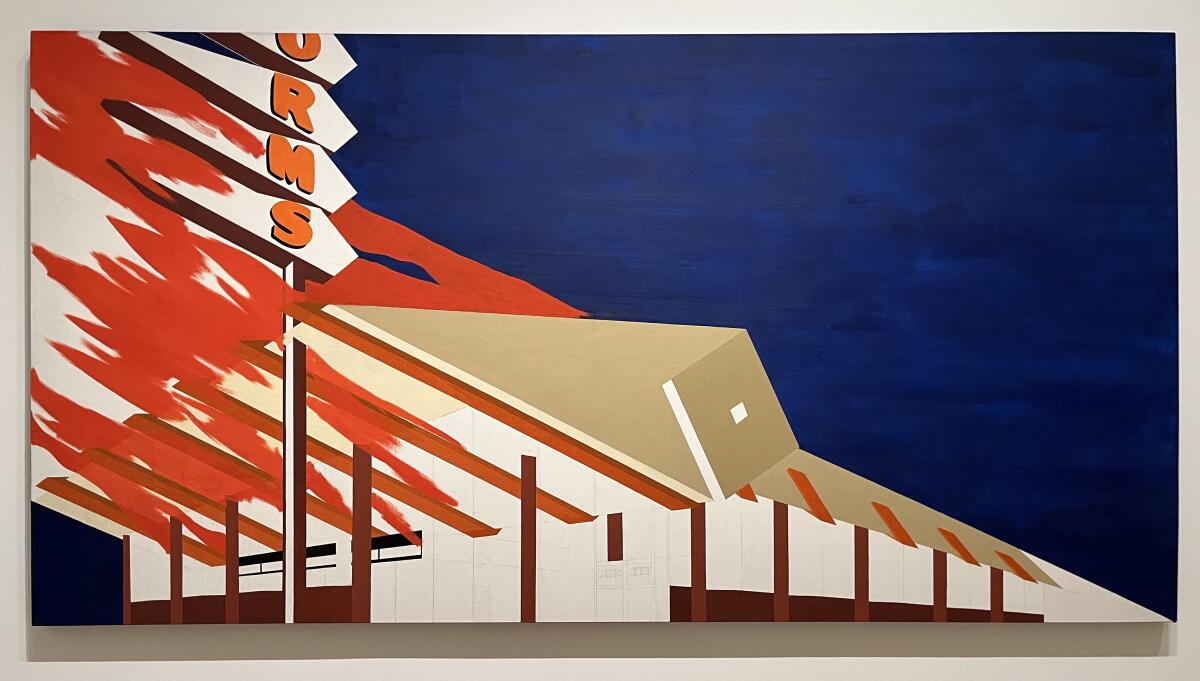 A horizontal painting by Ed Ruscha shows the Googie-style diner Norm's on fire against a darkened sky.