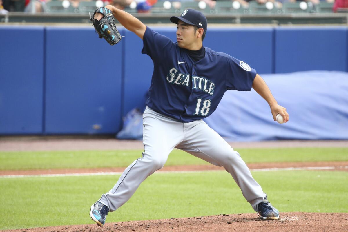 Seattle Mariners starting pitcher Yusei Kikuchi throws to the Toronto Blue Jays during the first inning of a baseball game, Thursday, July 1, 2021, in Buffalo, N.Y. (AP Photo/Jeffrey T. Barnes)