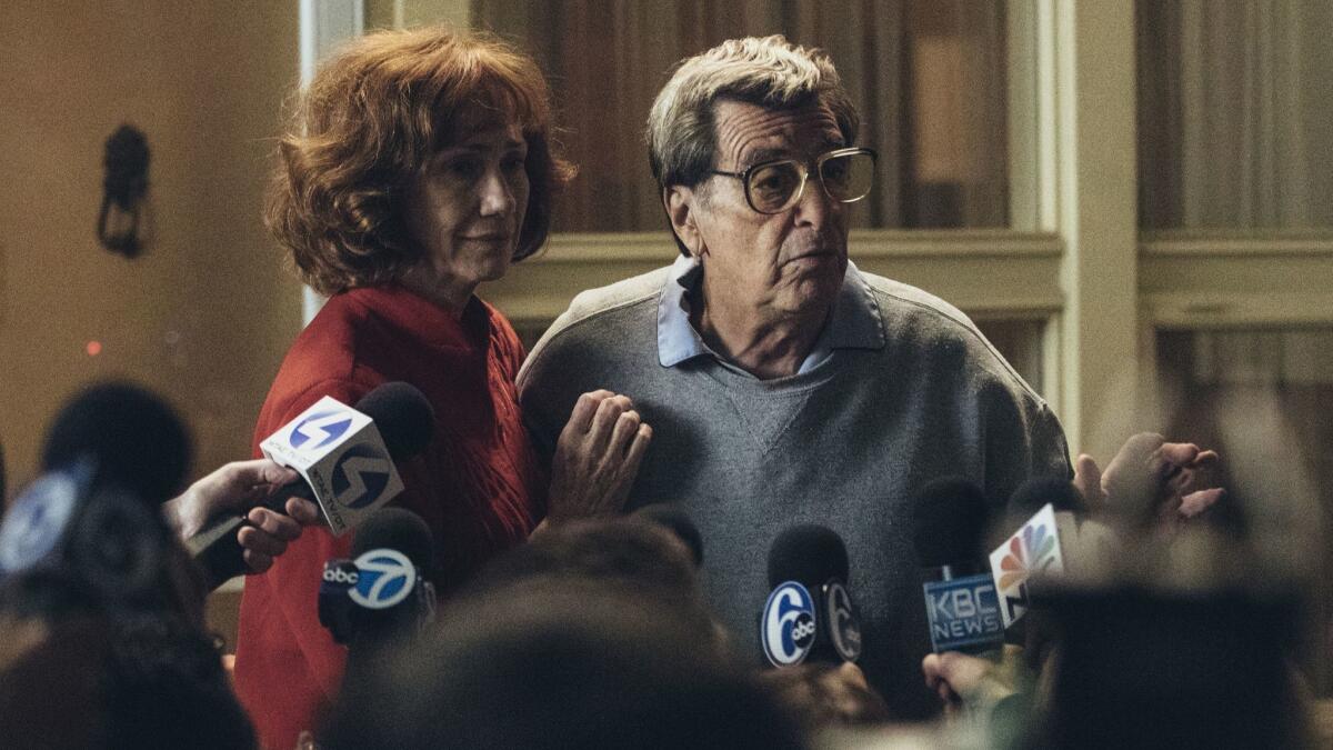 Kathy Baker, left, and Al Pacino portray Sue and Joe Paterno in a scene from "Paterno,"