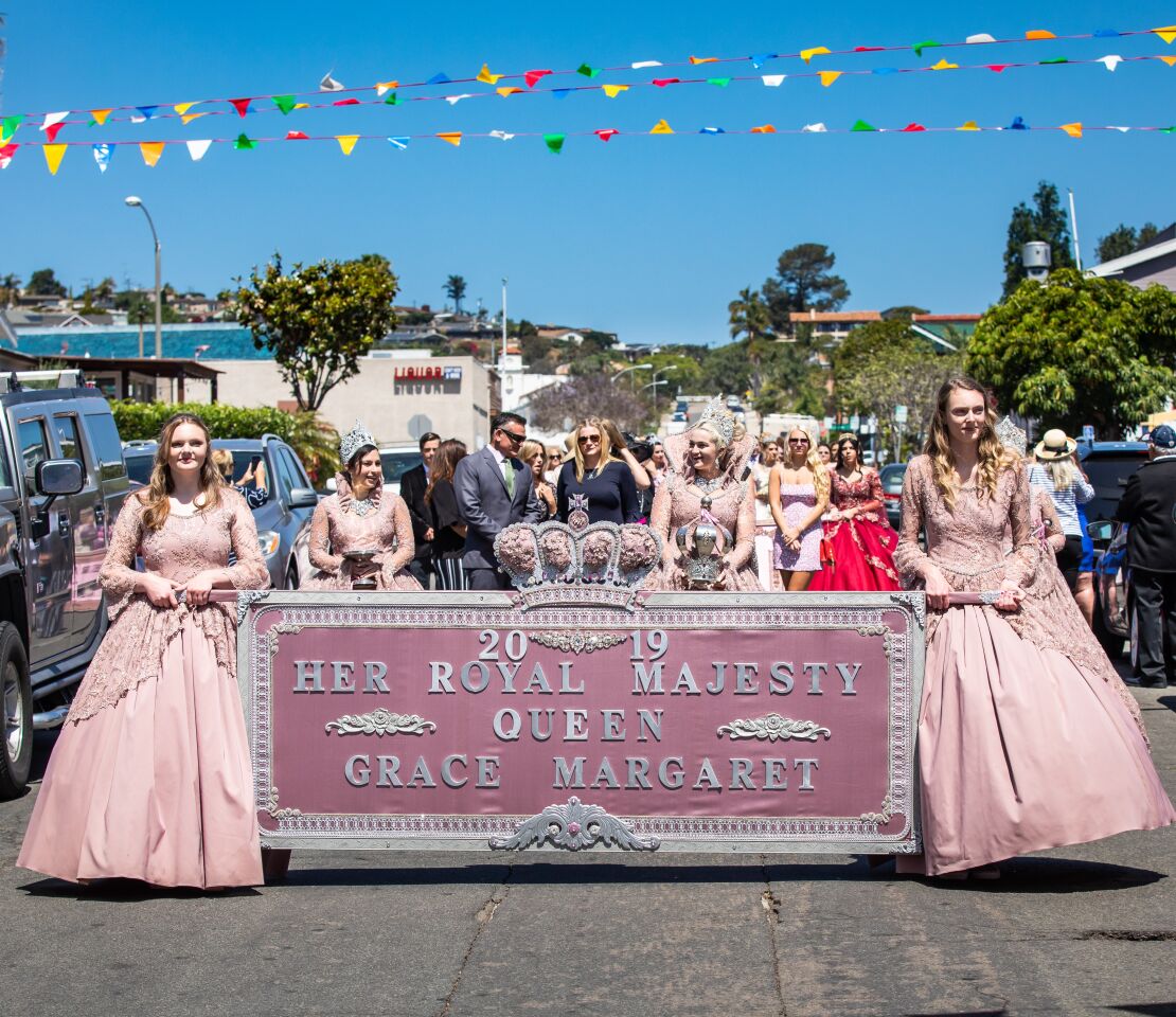2019 Festa Queen Grace DaSilva (center) arrives for the May 23 Festa do Espirito Santo (Feast of the Holy Spirit) ceremonies in Point Loma.