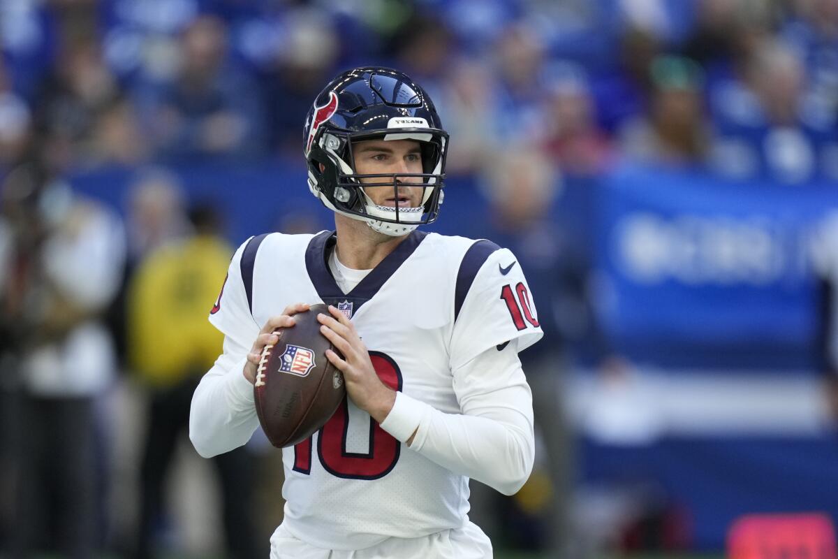 Houston Texans quarterback Davis Mills (10) looks to throw during the first half of an NFL football game against the Indianapolis Colts, Sunday, Oct. 17, 2021, in Indianapolis. (AP Photo/AJ Mast)