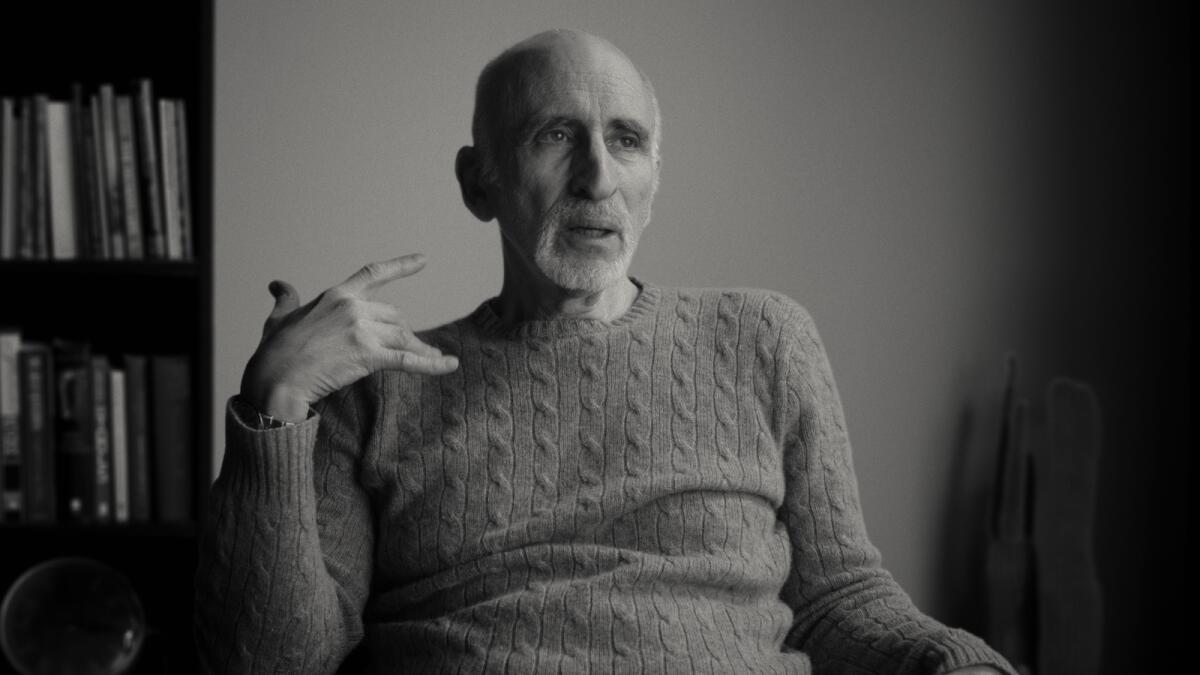 A bald, bearded man in a sweater gestures with his right hand as he speaks in the documentary "Stutz."