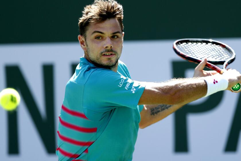 Stan Wawrinka prepares to hit a backhand return during his match against Pablo Carreño Busta on Saturday at the BNP Paribas Open.