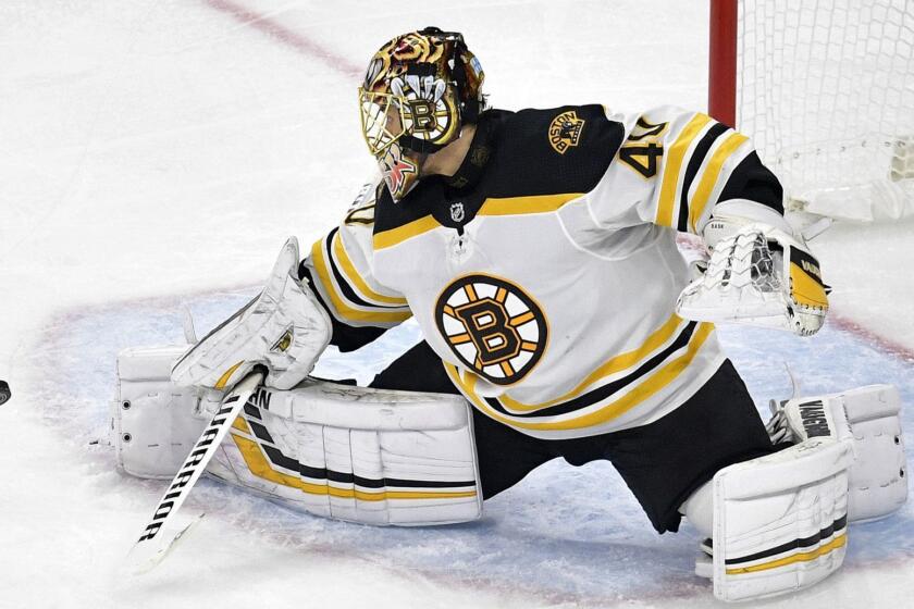 RALEIGH, NORTH CAROLINA - MAY 14: Tuukka Rask #40 of the Boston Bruins makes a save against the Carolina Hurricanes during the third period in Game Three of the Eastern Conference Finals during the 2019 NHL Stanley Cup Playoffs at PNC Arena on May 14, 2019 in Raleigh, North Carolina. (Photo by Grant Halverson/Getty Images) ** OUTS - ELSENT, FPG, CM - OUTS * NM, PH, VA if sourced by CT, LA or MoD **