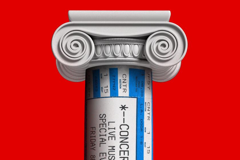 photo illustration of a concert ticket as the pillar of a stone column
