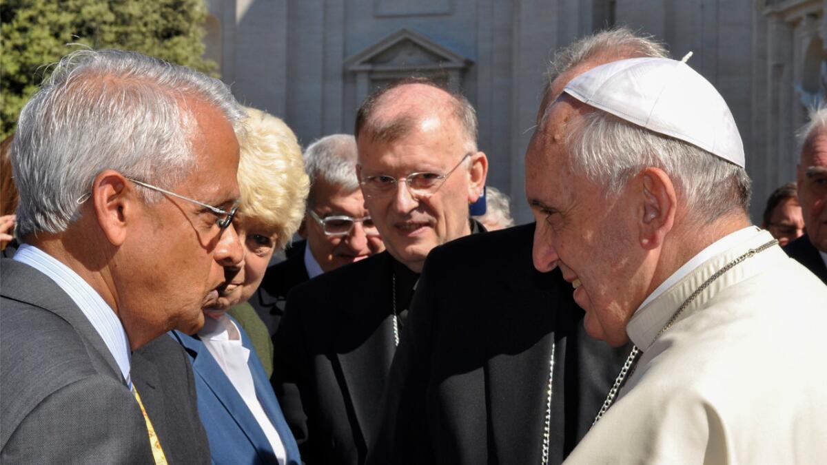 UC San Diego atmospheric scientist Veerabhadran Ramanathan briefly discussed climate change with Pope Francis at the Vatican in May 2014.