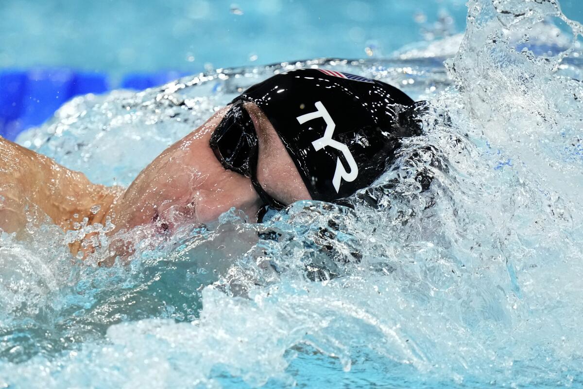 United States' Bobby Finke competes in the men's 1500-meter freestyle final.