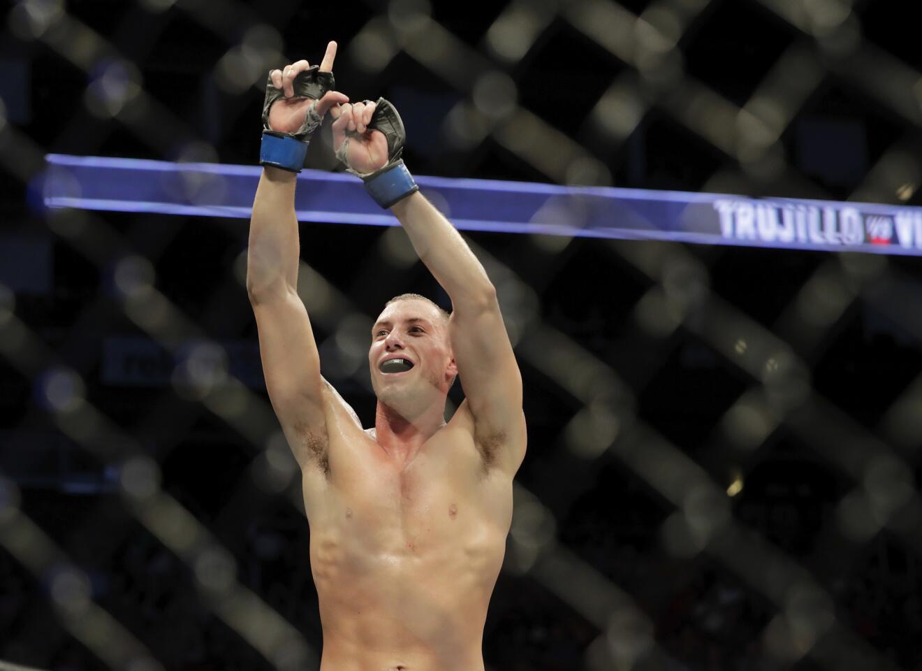 HOUSTON, TX - FEBRUARY 04: James Vick celebrates after defeating Abel Trujillo in the third round of their lightweight bout during the UFC Fight Night event at the Toyota Center on February 4, 2017 in Houston, Texas. (Photo by Tim Warner/Getty Images) ** OUTS - ELSENT, FPG, CM - OUTS * NM, PH, VA if sourced by CT, LA or MoD **