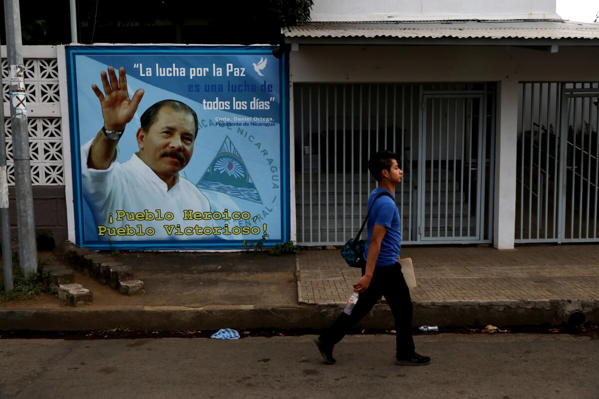 Poster on Nicaraguan government building promotes President Ortega