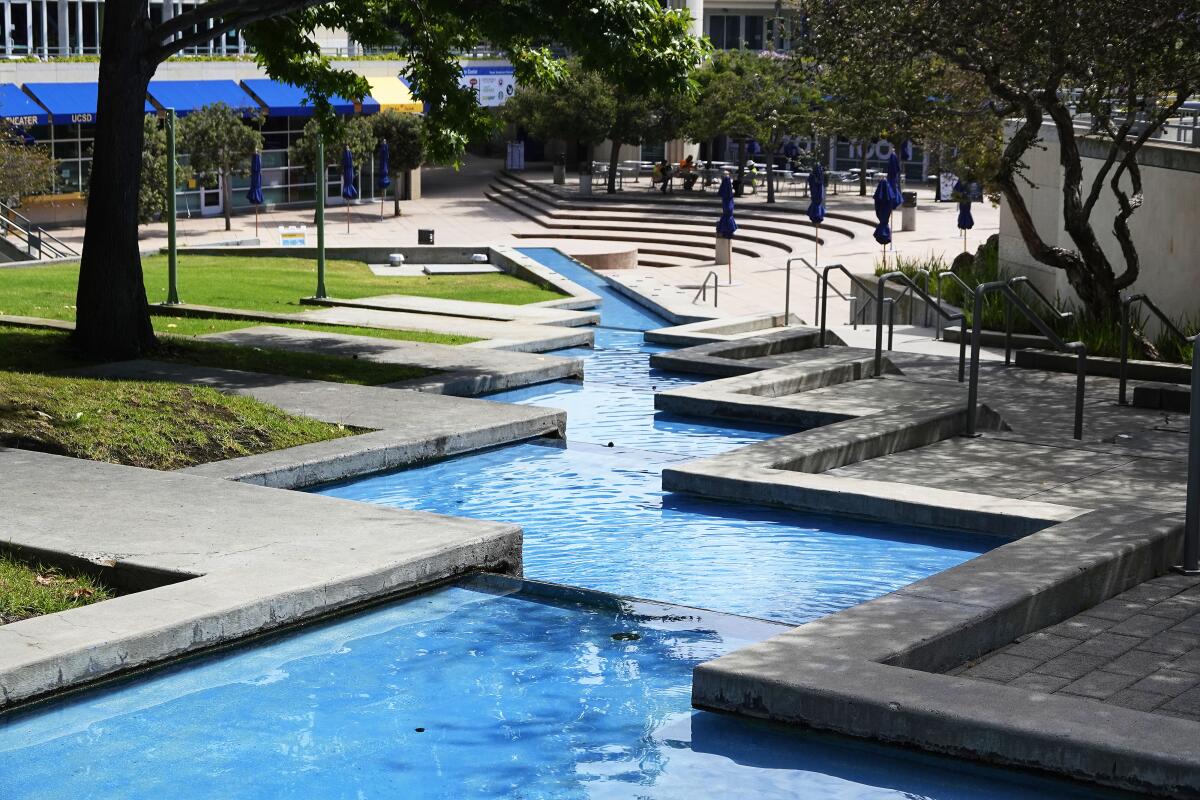 A decorative pool zig-zags through a plaza at UC San Diego