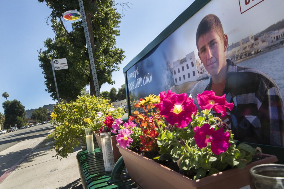 A ‘halo” seen in background is attached to a pole on Woodman Ave. in Sherman Oaks, to honor Connor Lynch.