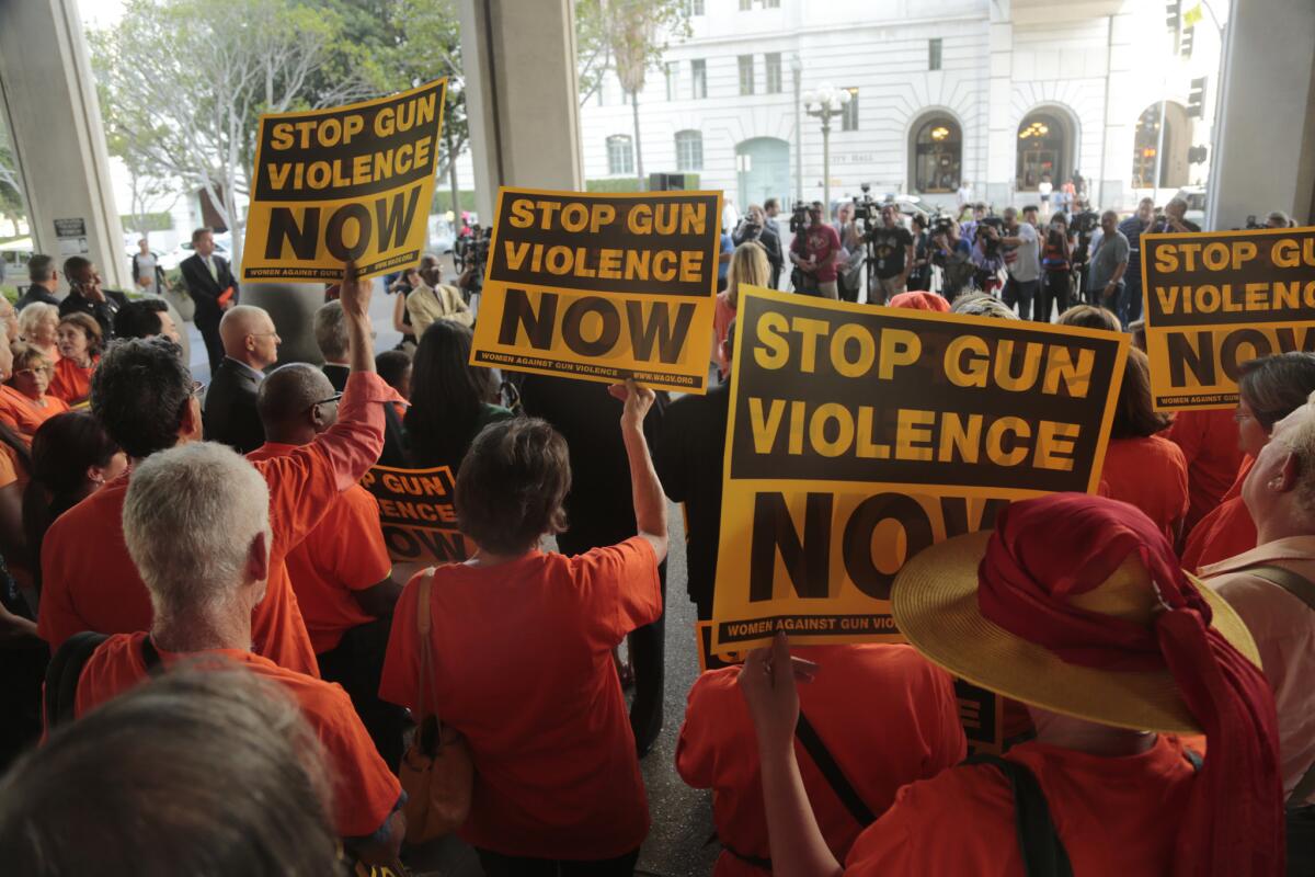 Gun control advocates gather at Los Angeles City Hall on July 28 before a vote by the Los Angeles City Council that bans possession of large-capacity firearm magazines.