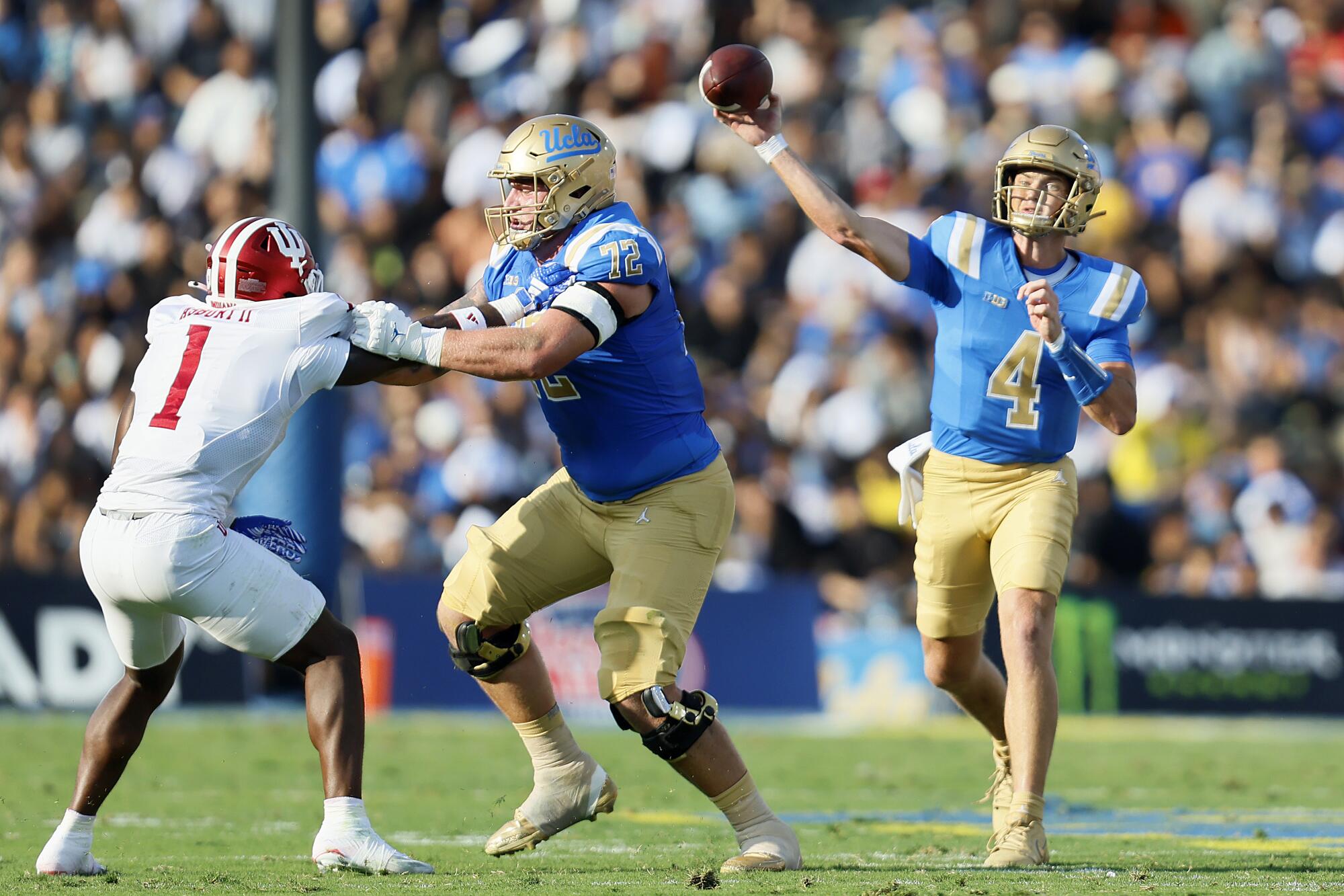 UCLA quarterback Ethan Garbers passes against Indiana in the first half Saturday at the Rose Bowl.