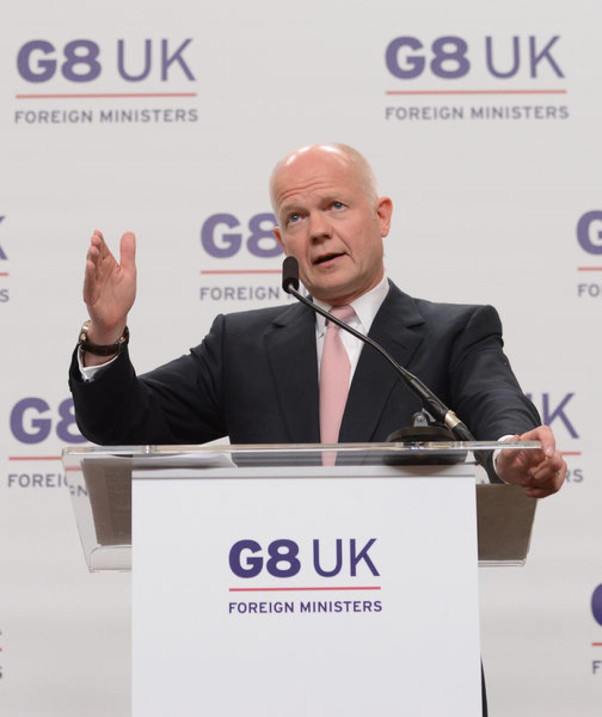 British Foreign Secretary William Hague holds a news conference after hosting the Group of 8 meeting of foreign ministers Thursday in London.