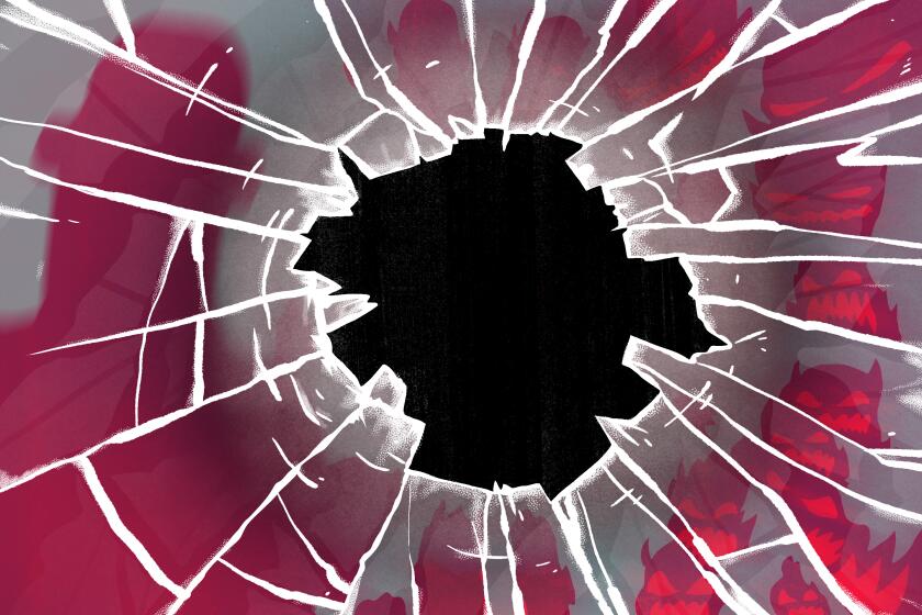 Illustration of a shattered window with reflections of a man and multiple demons seen in the shards. A hole is in the middle.