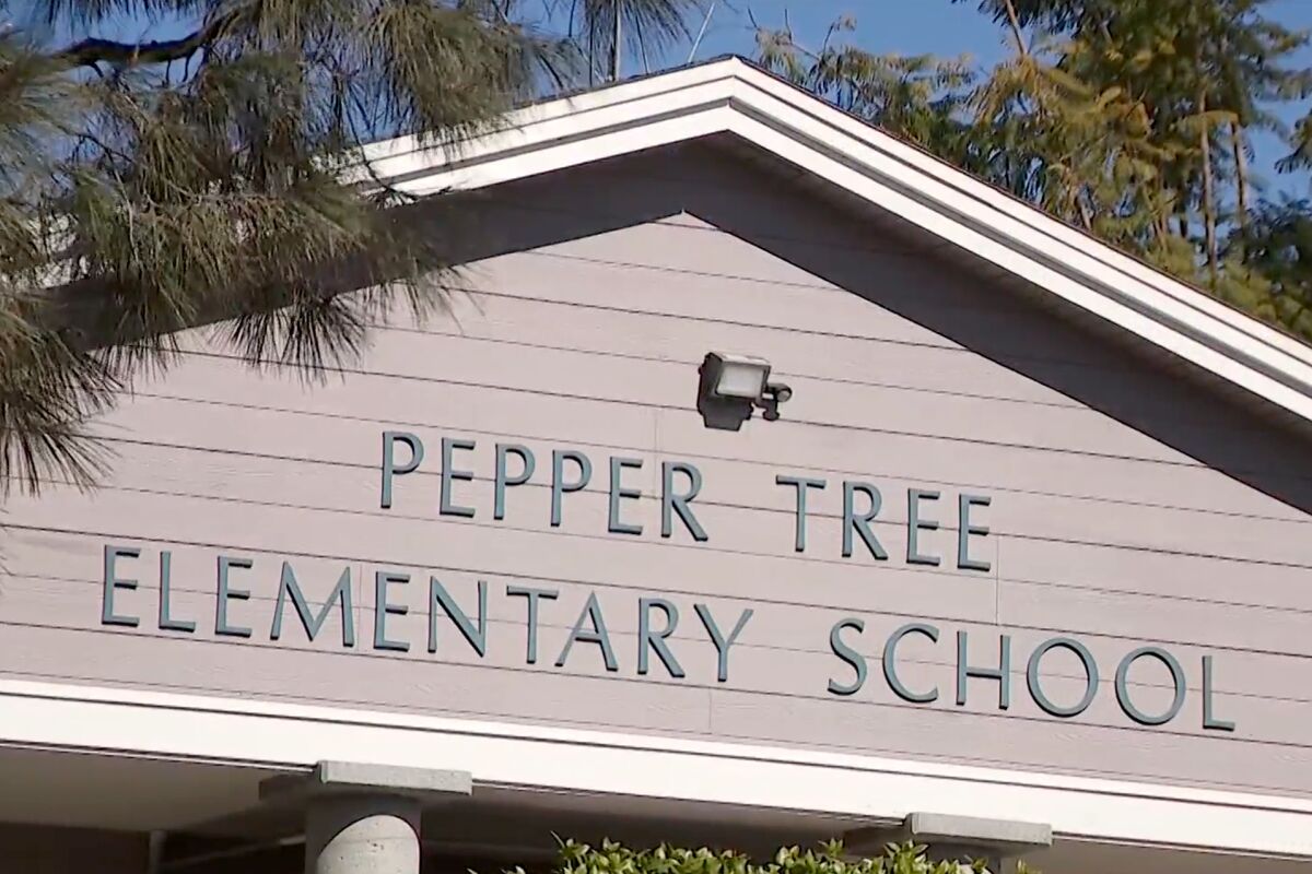An exterior of a building with sign that says "Pepper Tree Elementary School" surrounded by pine trees.