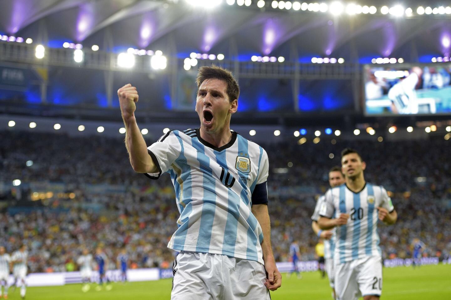 Argentina's forward and captain Lionel Messi celebrates scoring on Sunday.